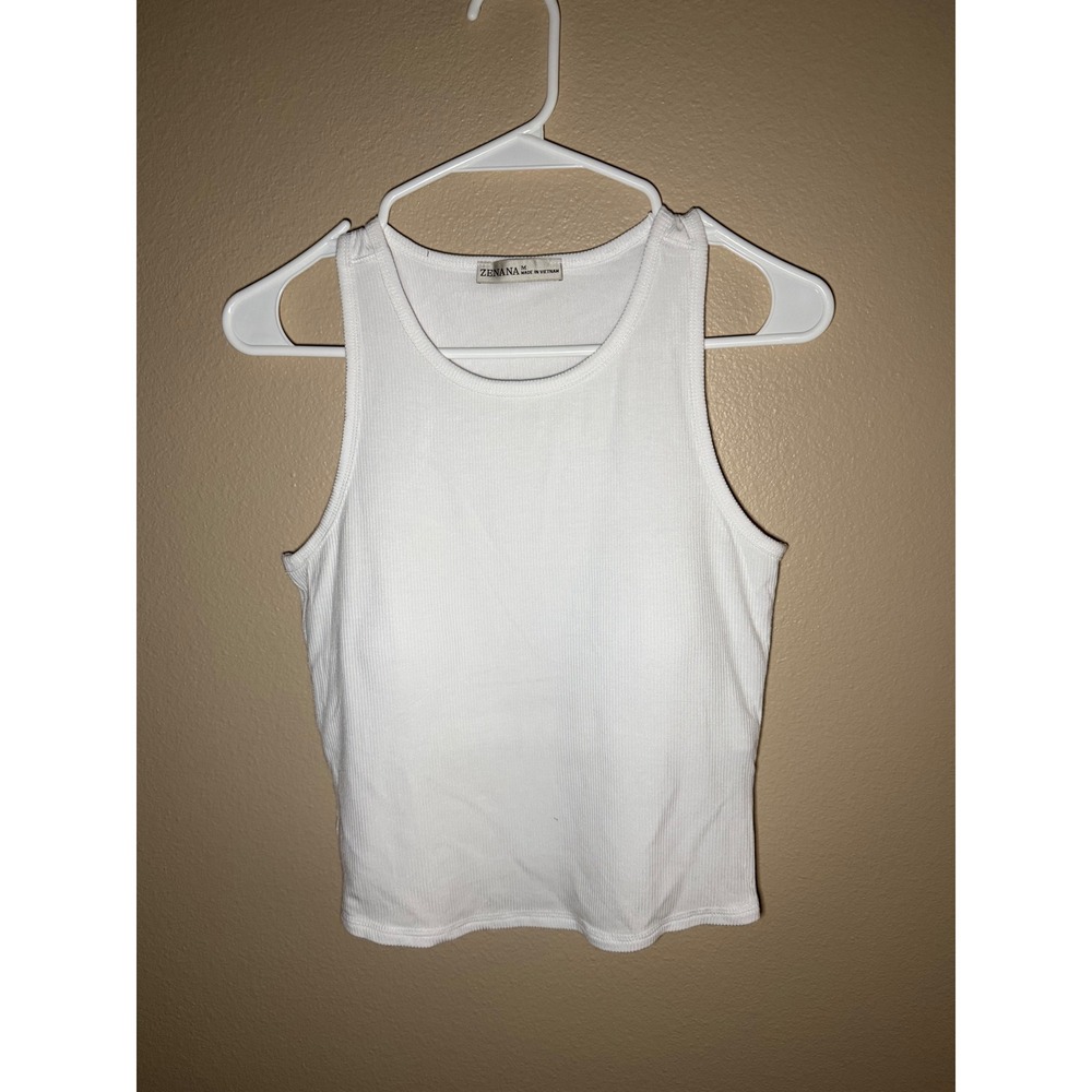 Zenana White Ribbed Tank Top Built-In Padded Shelf Bra Racerback RRT-8482 Medium